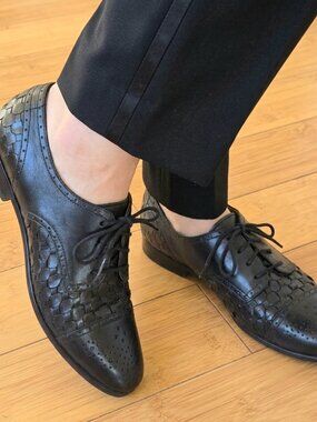 Black Oxford Leather Flats Woven Basketweave Brogue Wingtips Made in Brazil 7